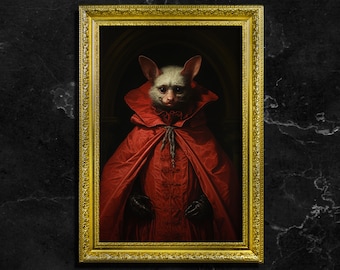 Red Baron Bat, Oil Painting Style Art Print on Fine art Paper, Dark Academia, Victorian Bat, Witchy Decor, Gothic Home Decor, Bat Portrait