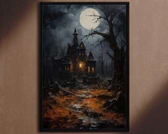 Creepy House under Moonlight, Oil Painting Style Art Print on Canvas, Dark Academia, Haunted Forest, Cottagecore, Witchcraft Art