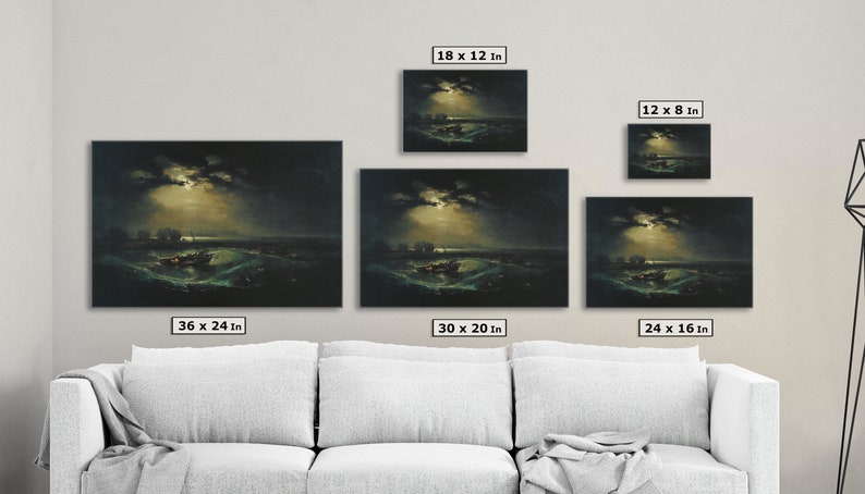 Pode incluir: Uma compara&ccedil;&atilde;o de diferentes tamanhos para uma pintura de uma paisagem mar&iacute;tima tempestuosa &agrave; noite com uma lua e um barco. Os tamanhos s&atilde;o 18 x 12 polegadas, 12 x 8 polegadas, 36 x 24 polegadas, 30 x 20 polegadas e 24 x 16 polegadas.