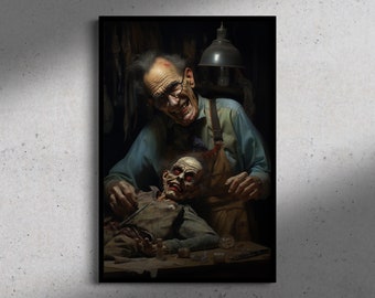 The Dollmaker's Workshop, olieverfschilderij Fine-art Print, Art Poster Print, Dark Academia, Ghost Art, Gothic Home Decor, Halloween Art