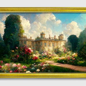 French Mansion Flower Garden Oil Painting Print on Ornate Framed Fine Art Paper