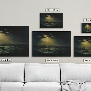 K&ouml;nnte beinhalten: Ein Vergleich verschiedener Gr&ouml;&szlig;en f&uuml;r einen Leinwanddruck eines Gem&auml;ldes, das eine Mondlandschaft mit einem Boot und Figuren darstellt. Der Druck ist in den Gr&ouml;&szlig;en 45,7x30,5 cm, 30,5x20,3 cm, 91,4x61 cm, 76,2x50,8 cm und 61x40,6 cm erh&auml;ltlich.