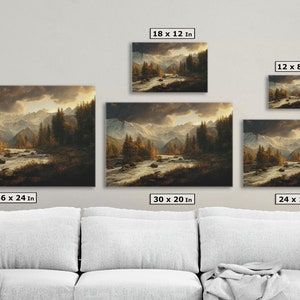 Puede incluir: Una impresi&oacute;n de arte digital de un paisaje de monta&ntilde;a con un r&iacute;o que fluye a trav&eacute;s de &eacute;l. La impresi&oacute;n est&aacute; disponible en cinco tama&ntilde;os diferentes: 18 x 12 pulgadas, 12 x 8 pulgadas, 36 x 24 pulgadas, 30 x 20 pulgadas y 24 x 16 pulgadas.