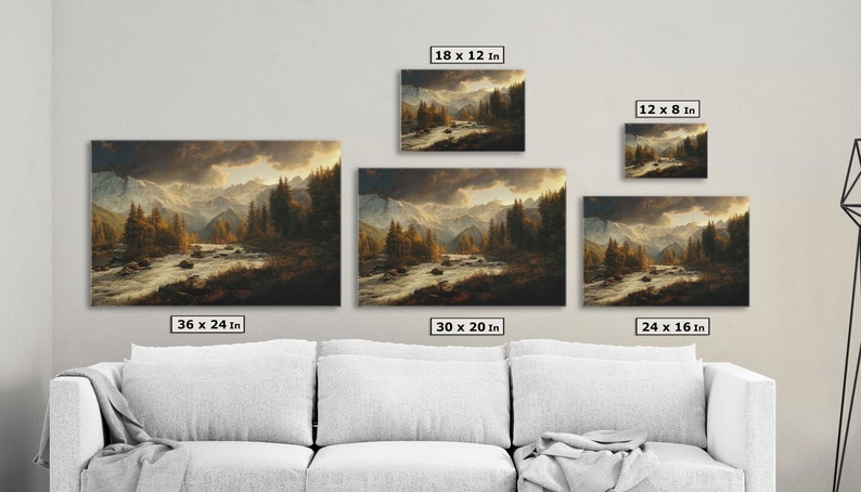 Puede incluir: Una impresi&oacute;n de arte digital de un paisaje de monta&ntilde;a con un r&iacute;o que fluye a trav&eacute;s de &eacute;l. La impresi&oacute;n est&aacute; disponible en cinco tama&ntilde;os diferentes: 18 x 12 pulgadas, 12 x 8 pulgadas, 36 x 24 pulgadas, 30 x 20 pulgadas y 24 x 16 pulgadas.