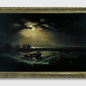 Pode incluir: Uma pintura que retrata uma paisagem mar&iacute;tima tempestuosa &agrave; noite, com uma lua cheia brilhando atrav&eacute;s de nuvens escuras. Um pequeno barco com pessoas a bordo est&aacute; sendo jogado pelas ondas.