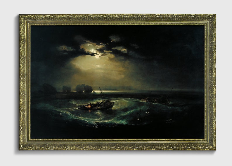 Pode incluir: Uma pintura que retrata uma paisagem mar&iacute;tima tempestuosa &agrave; noite, com uma lua cheia brilhando atrav&eacute;s de nuvens escuras. Um pequeno barco com pessoas a bordo est&aacute; sendo jogado pelas ondas.