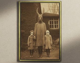 Rodzina w masce, styl vintage fotografii wydruk na płótnie, Dark Academia, gotycki wystrój domu, vintage Halloween, gotyckie płótno okultystyczne