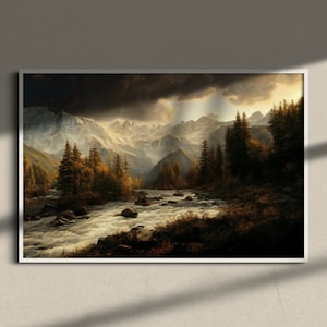 Puede incluir: Una pintura de paisaje enmarcada que representa una cordillera con un r&iacute;o que fluye por el valle. El cielo est&aacute; nublado con rayos de sol que atraviesan las nubes. Las monta&ntilde;as est&aacute;n cubiertas de nieve y los &aacute;rboles son una mezcla de verde y marr&oacute;n.