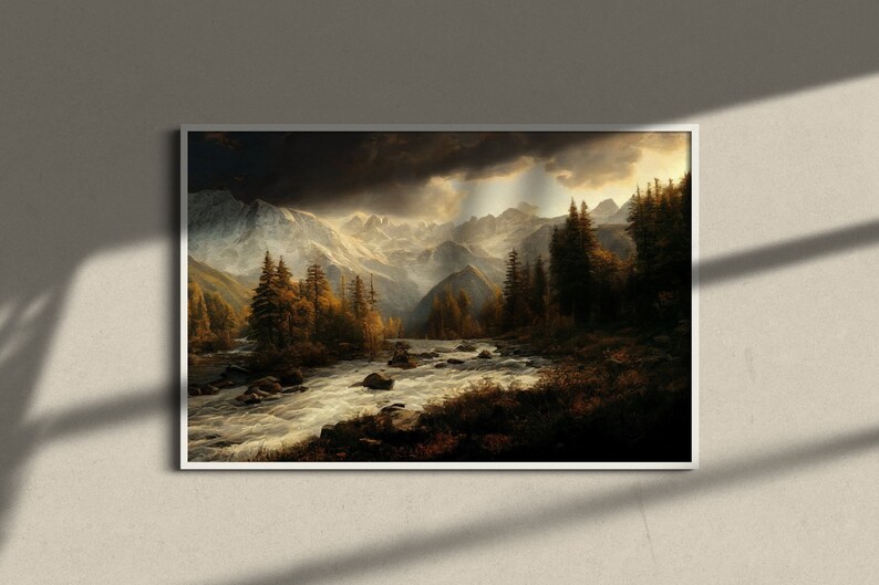 Puede incluir: Una pintura de paisaje enmarcada que representa una cordillera con un r&iacute;o que fluye por el valle. El cielo est&aacute; nublado con rayos de sol que atraviesan las nubes. Las monta&ntilde;as est&aacute;n cubiertas de nieve y los &aacute;rboles son una mezcla de verde y marr&oacute;n.