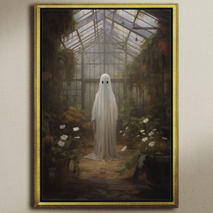 Ghost in greenhouse, Canvas Oil Painting Style Print, Dark Academia, Ghost Art, Gothic Victorian, Cottagecore, Garden Art