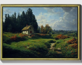 A cabin in the field, Framed original landscape Oil Painting Print on Canvas in Decorative Floating Gold Frame