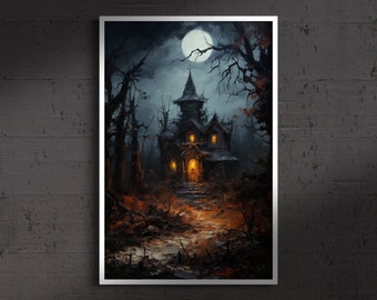 Heksenhuis onder maanlicht, olieverfschilderij Fine Art Print, Art Poster Print, Dark Academia, Haunted Forest, Cottagecore, hekserijkunst