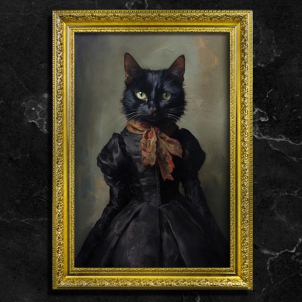 Chat noir en robe victorienne, vintage Fine art Print, Art Poster Print, Dark Academia, Victorian Cat, Witchy Decor, Gothic Home Decor