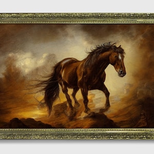 On the run, Ornate framed original horse Oil Painting Print on Fine Art Paper in Ornate Gold or Bronze Frame