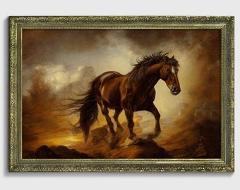 On the run, Ornate framed original horse Oil Painting Print on Fine Art Paper in Ornate Gold or Bronze Frame