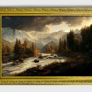 Puede incluir: Una pintura al &oacute;leo enmarcada que representa un paisaje de monta&ntilde;a con un r&iacute;o que corre en primer plano. Las monta&ntilde;as est&aacute;n cubiertas de nieve y el cielo est&aacute; nublado con un toque de luz solar que se abre paso.