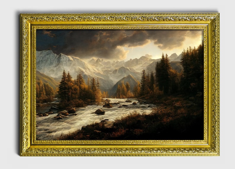 Puede incluir: Una pintura al &oacute;leo enmarcada que representa un paisaje de monta&ntilde;a con un r&iacute;o que corre en primer plano. Las monta&ntilde;as est&aacute;n cubiertas de nieve y el cielo est&aacute; nublado con un toque de luz solar que se abre paso.