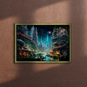 May include: A digital painting of a futuristic city with tall buildings and a river running through the center. The buildings are covered in greenery and the river is lit up with blue lights. The sky is dark and starry.