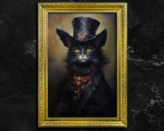 Gato con sombrero de copa victoriano, impresión de bellas artes vintage, impresión de póster de arte, Academia oscura, gato victoriano, cuervo victoriano