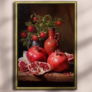 Pomegranate Still Life, Oil Painting Art Style Print on Canvas, Vintage Wall decor, Vintage Still Life, Still Life wall art, Still Life Decorative Gold