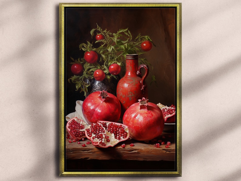 Pomegranate Still Life, Oil Painting Art Style Print on Canvas, Vintage Wall decor, Vintage Still Life, Still Life wall art, Still Life Decorative Gold