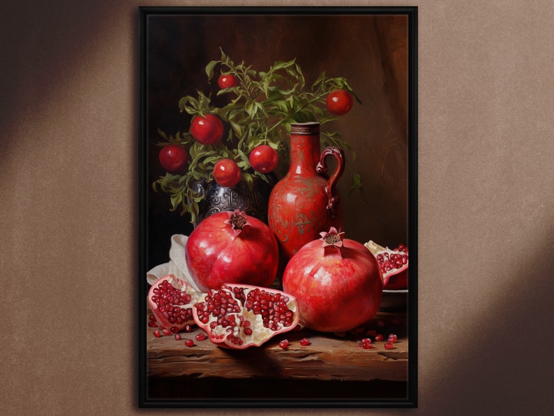 Pomegranate Still Life, Oil Painting Art Style Print on Canvas, Vintage Wall decor, Vintage Still Life, Still Life wall art, Still Life Modern Black