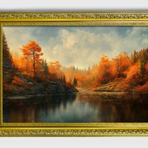 Herbstliche Oase, Kunstvolles gerahmtes Original Ölgemälde auf Kunstdruck im Vintage Gold/Bronze Rahmen, Wanddekor, Wand Poster, Wand Kunst Druck