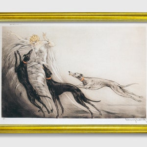 Coursing II di Louis Icart 1929 - Arte da parete in carta fine art, Bionda affascinante, Acquaforte puntasecca, Arte del levriero, Arte vintage Art Deco