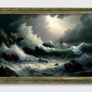 Tempestuous Waters, Framed original ship Oil Painting Fine Art Print in Vintage Gold or Bronze Frame, Seascape art, Ready to hang wall decor