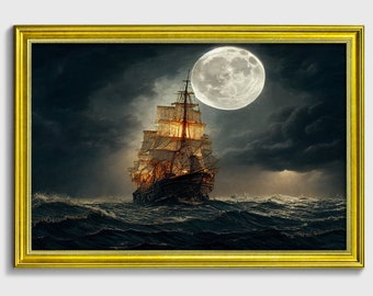 Voile de lune, bateau original encadré orné de peinture à l'huile sur papier d'art dans un cadre orné d'or ou de bronze