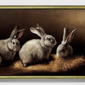 Rabbits in hay, Framed Original Oil Painting Print on Canvas in Floating Frame