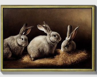 Rabbits in hay, Framed Original Oil Painting Print on Canvas in Floating Frame