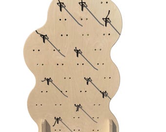 Asymmetrical Wavy Collapsible Wooden Pegboard Display Stand + Metal Hooks