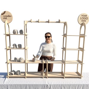 Stand plegable Framely, configuración de stand de vendedor, estación de pago con estantes, exhibición portátil para vendedor, mostrador de pago, estación de servicio