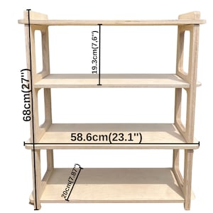 May include: A wooden shelf unit with four shelves. The shelf unit is 27 inches tall, 23.1 inches wide, and the shelves are 7.6 inches deep.