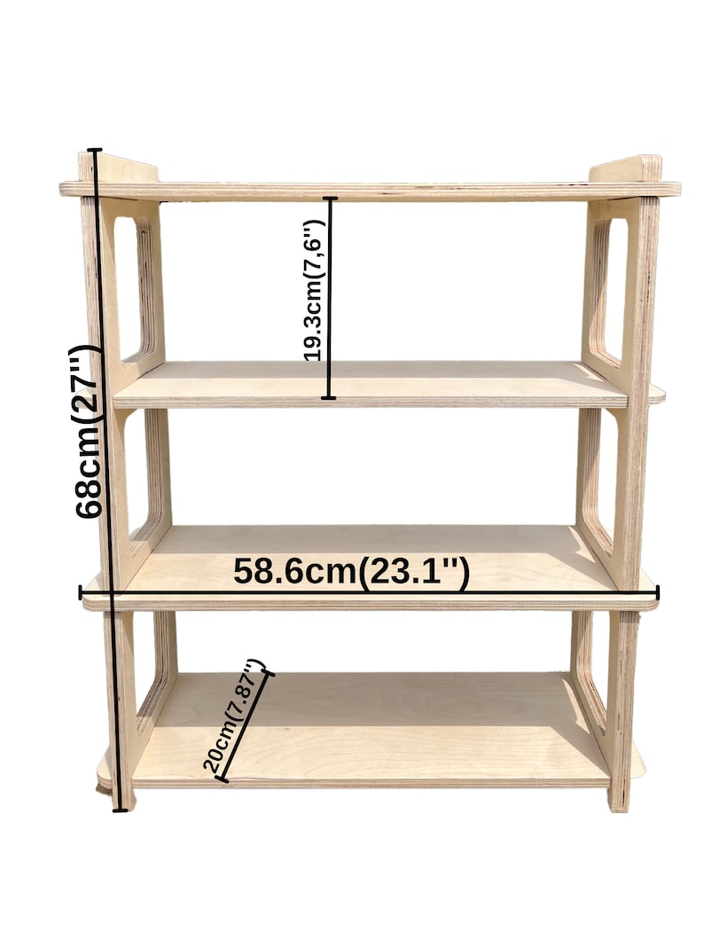 May include: A wooden shelf unit with four shelves. The shelf unit is 27 inches tall, 23.1 inches wide, and the shelves are 7.6 inches deep.