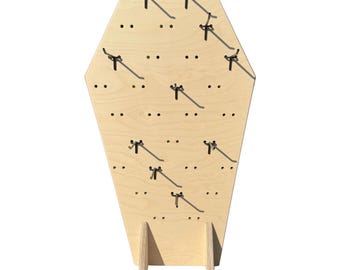 Coffin Collapsible Wooden Pegboard Display Stand + Metal Hooks