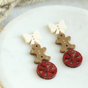 Red Christmas Gingerbread Man Acrylic Charm Earring Blanks Stack Cute Bow and Peppermint Red Glitter Coquette Bow Christmas 3 Pairs