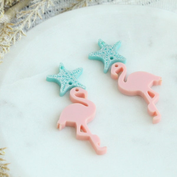 Flamingo Beach Theme Acrylic Earring Blanks Earring Making Pieces Acrylic Charms Flamingo and Starfish Pieces 3 Pairs DIY Sparkle Charms