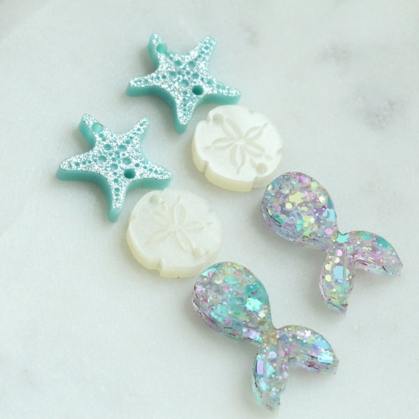 Mermaid Acrylic Earring Charms Summer Beach Theme Mermaid Tail Sand Dollar and Starfish Acrylic Charm Earring Blanks