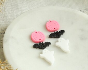 Halloween PINK Charm Spooky Acrylic Earring Pieces Bat Pumpkin and Ghost Earring Acrylic Pieces DIY Earring Making Kit 3 Pairs