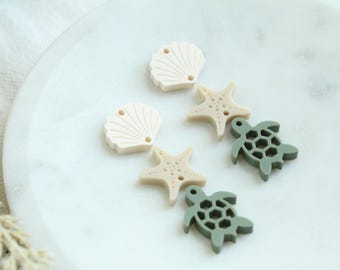 NEUTRAL Sea Turtle Beach Starfish Acrylic Earring Pieces Beach Tan Sand White Engraved Shell Acrylic Pieces 3 Pairs Earring Crafting Charms