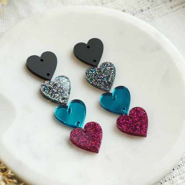 Valentine’s Wild at Heart Stack Acrylic Black Teal Magenta Earring Making Connectors Valentine’s Heart Earring Making Supplies 3 Pairs