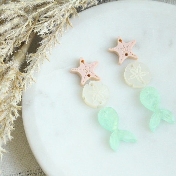 Mermaid Blush and Aqua Mint Acrylic Earring Charms Summer Beach Theme Mermaid Tail Sand Dollar and Starfish Acrylic Charm Earring Blanks