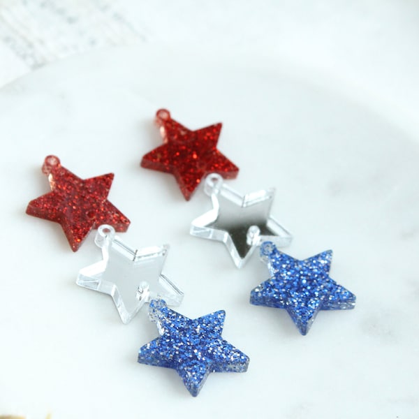 Patriotic Stars Glitter and Mirror Acrylic Earring Pieces 4th of July Red White and Blue Acrylic Findings Americana Stars 3 Pairs UNFINISHED