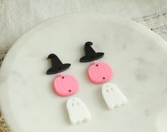 Halloween PINK Charm Spooky Acrylic Earring Pieces Witch Hat Pumpkin and Ghost Earring Acrylic Pieces DIY Earring Making Kit 3 Pairs