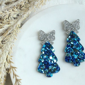 Blue Christmas Blue Chunky Glitter Christmas Tree Acrylic Blanks Earring Connectors Set of 3 Pairs Blue Christmas Trees