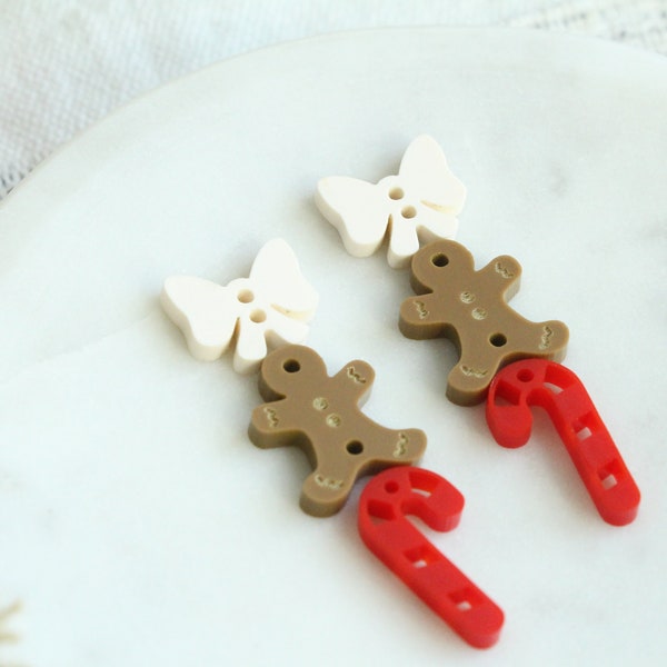 Gingerbread Man and Candy Cane Christmas Acrylic Charm Earring Blank Stack Christmas Tree Acrylic Charms Bow 3 Pairs Earring Making Supplies