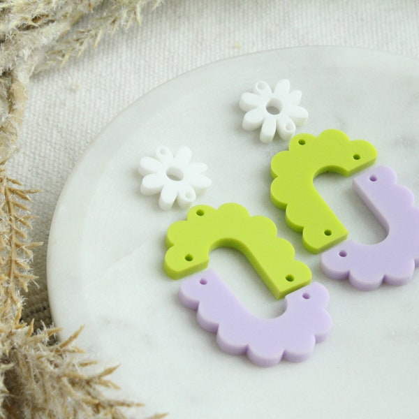 Color Block Green and Purple Scalloped Arch Earrings with Daisy Spring Scalloped Broken Arch Dangle Earring Pieces 3 Pairs Color Block