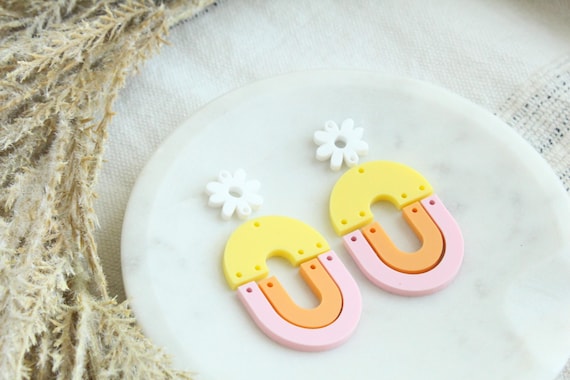 Fun Bright Summer Retro Vibes Daisy Color Block Double Swoop Geometric Earring Pieces Unfinished Acrylic Earring Blanks Modern 3 Pairs